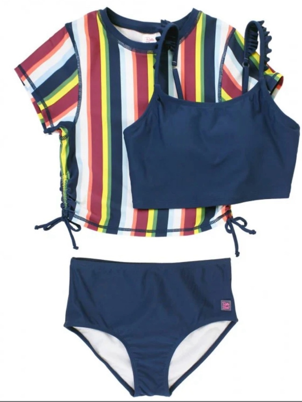 Ruffle butts
Sunset Stripe Cropped Rash Guard Bikini 3pc Set- size 14 girls